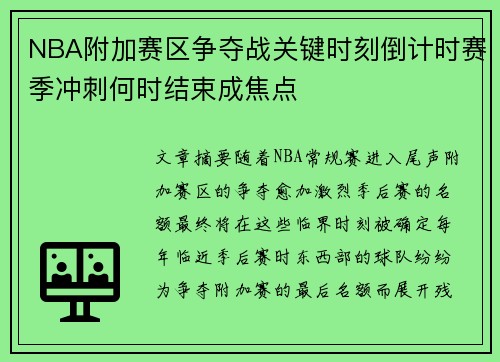 NBA附加赛区争夺战关键时刻倒计时赛季冲刺何时结束成焦点